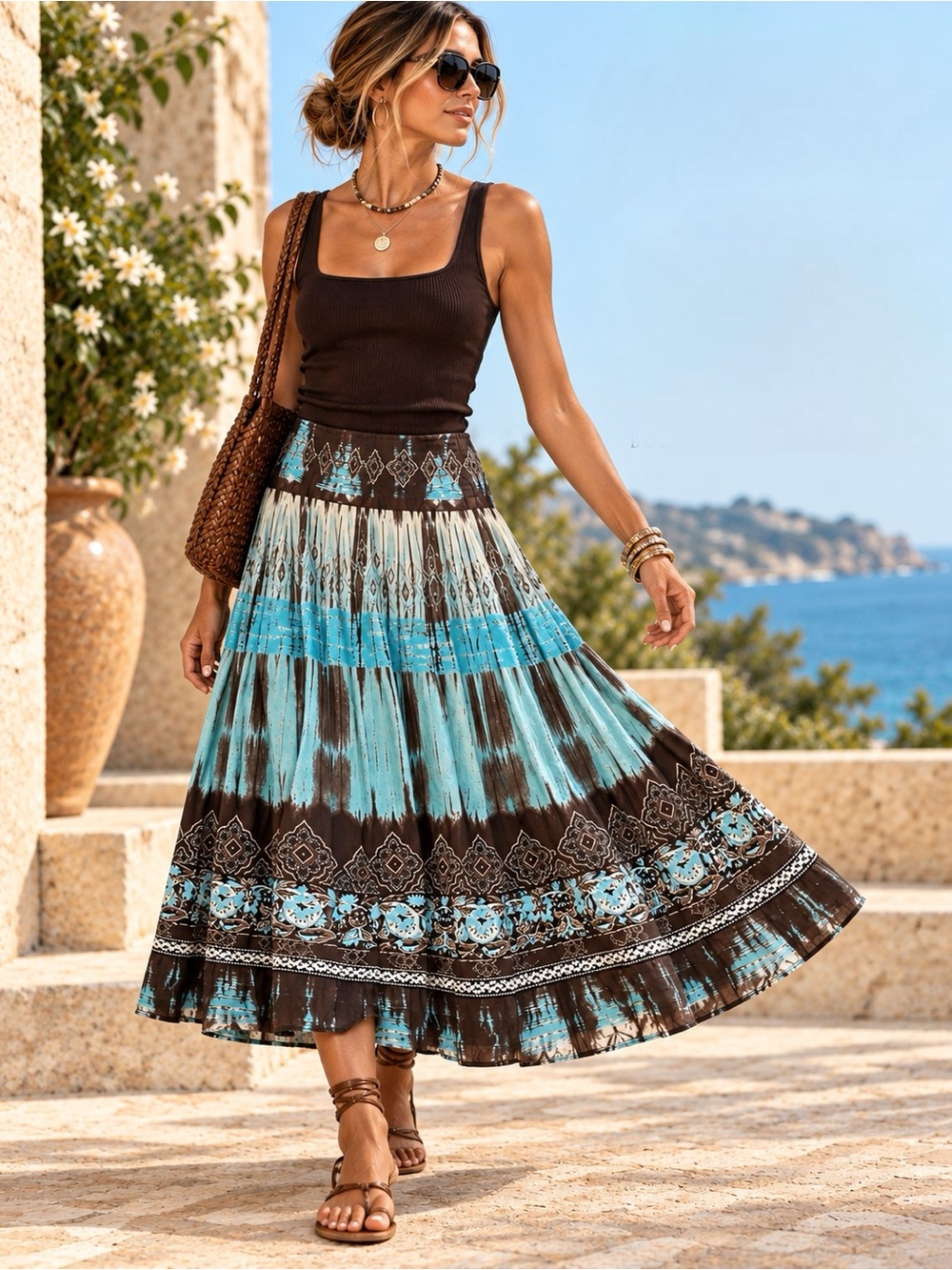Vintage Y2K Marciano Ikat Midi Skirt S Metallic Boho Made USA Full Sweep